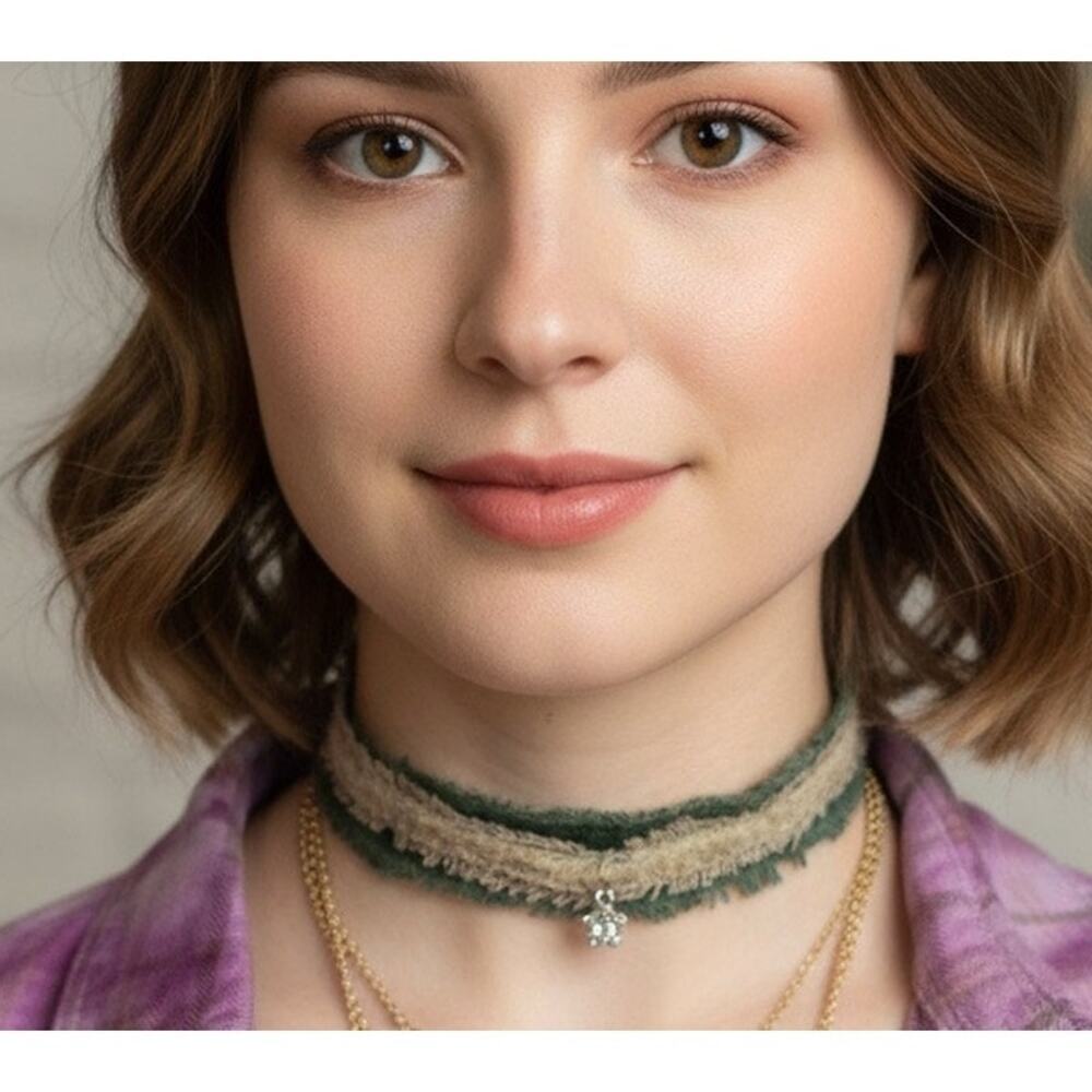 Handmade rustic raw edge velvet choker necklace with floral rhinestone charm